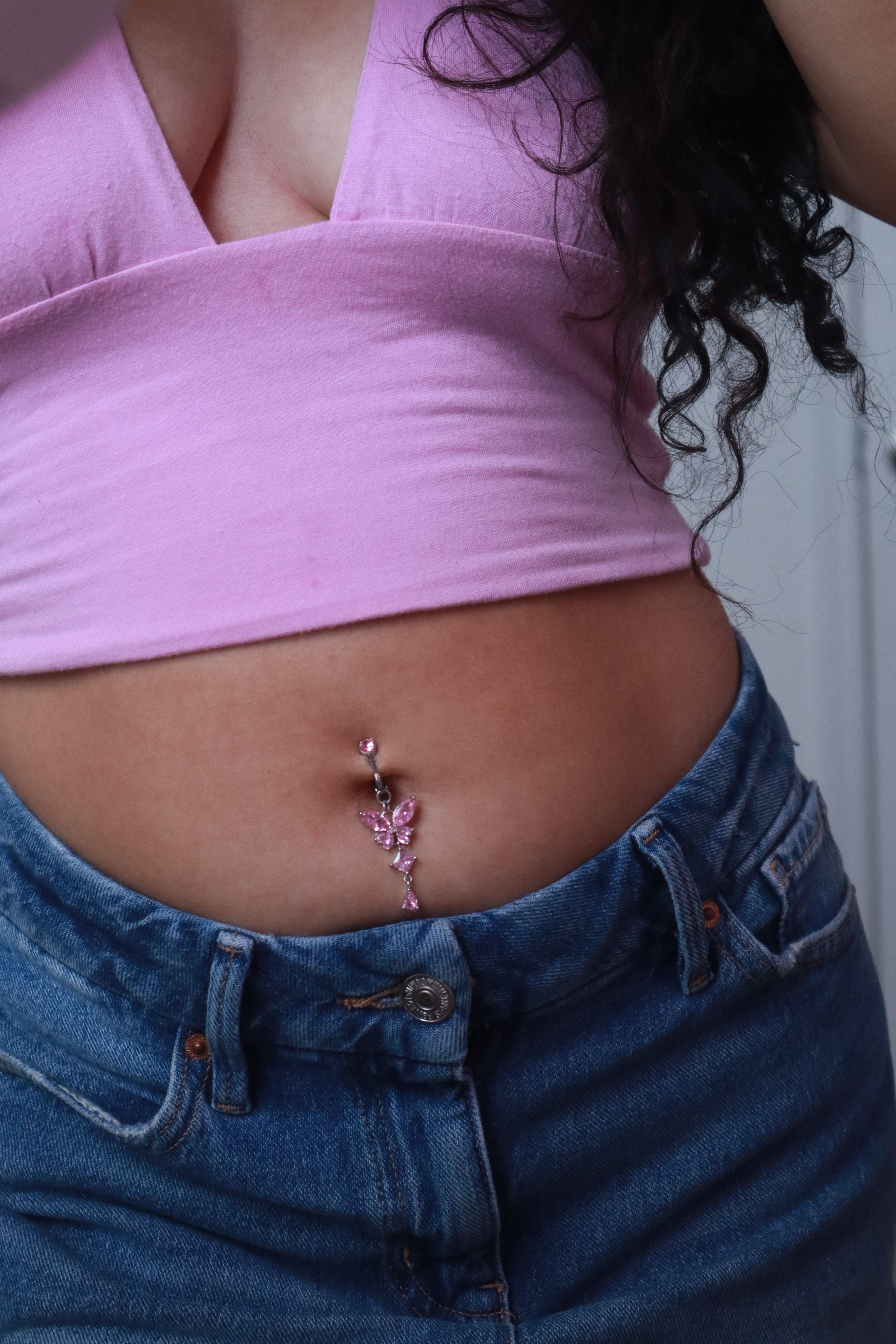 Pink Butterfly Clip On Belly Ring