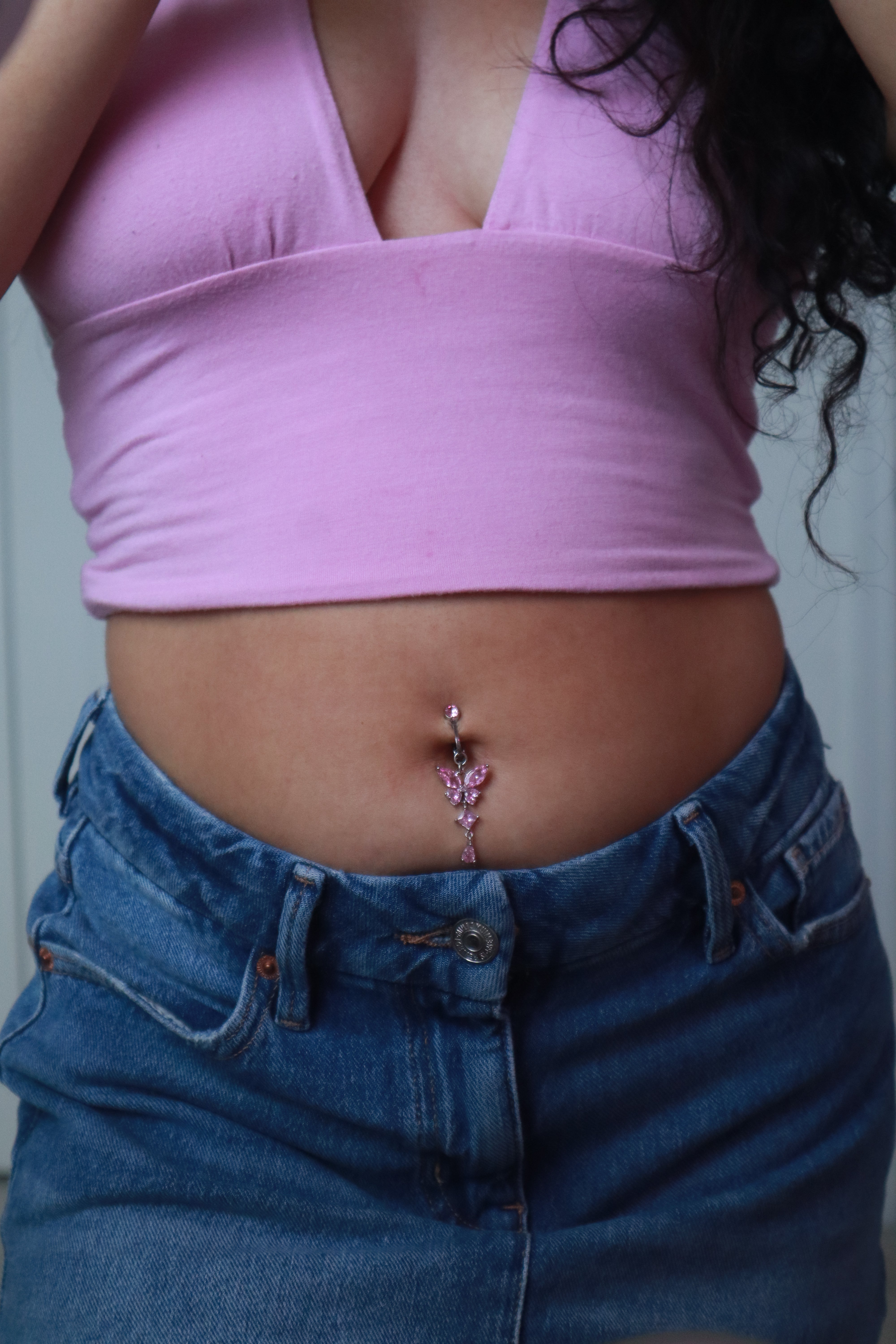 Pink Butterfly Clip On Belly Ring