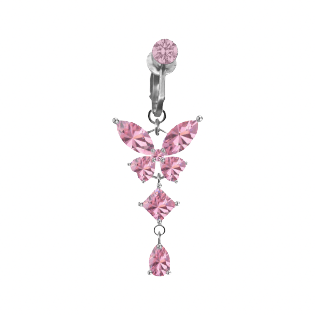 Pink Butterfly Clip On Belly Ring