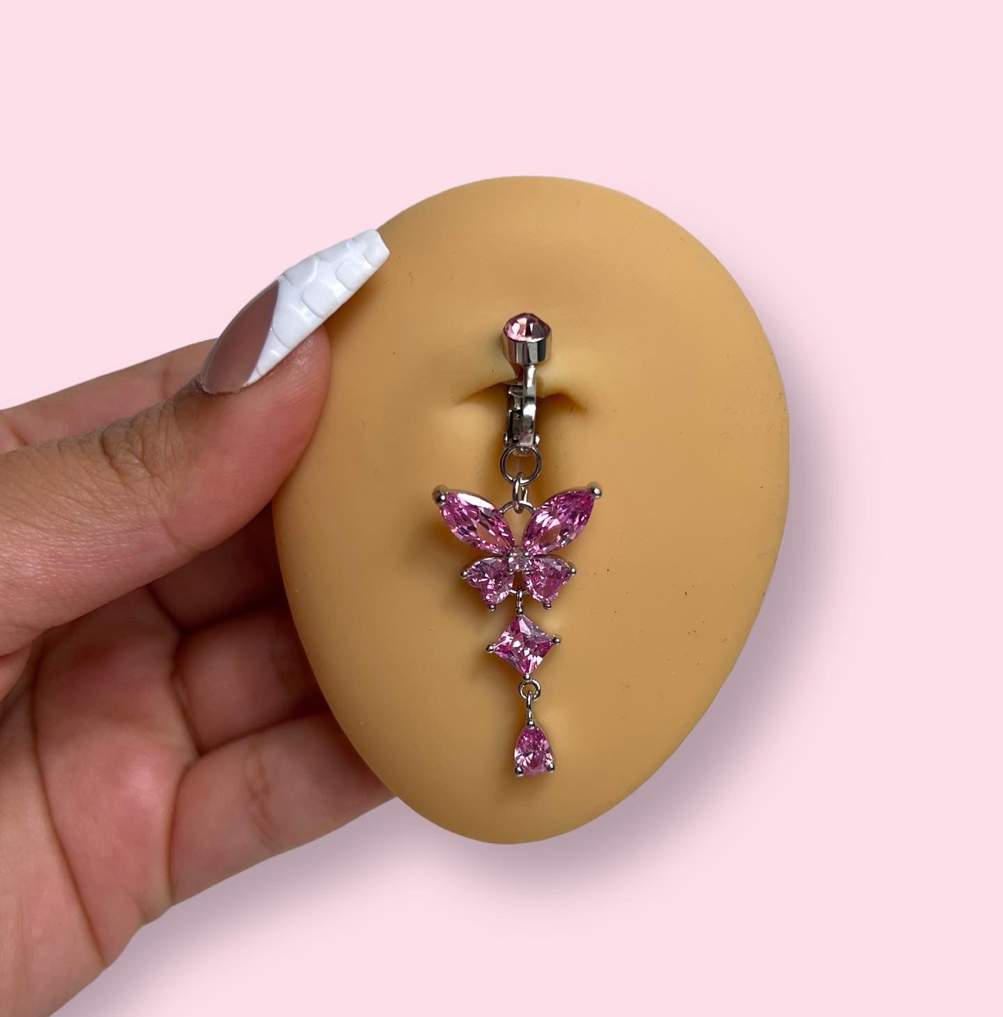 Pink Butterfly Clip On Belly Ring